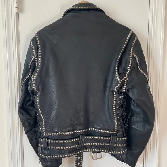 Vintage Nice London Studded black leather motorcycle jacket moto coat M - Picture 3 of 16